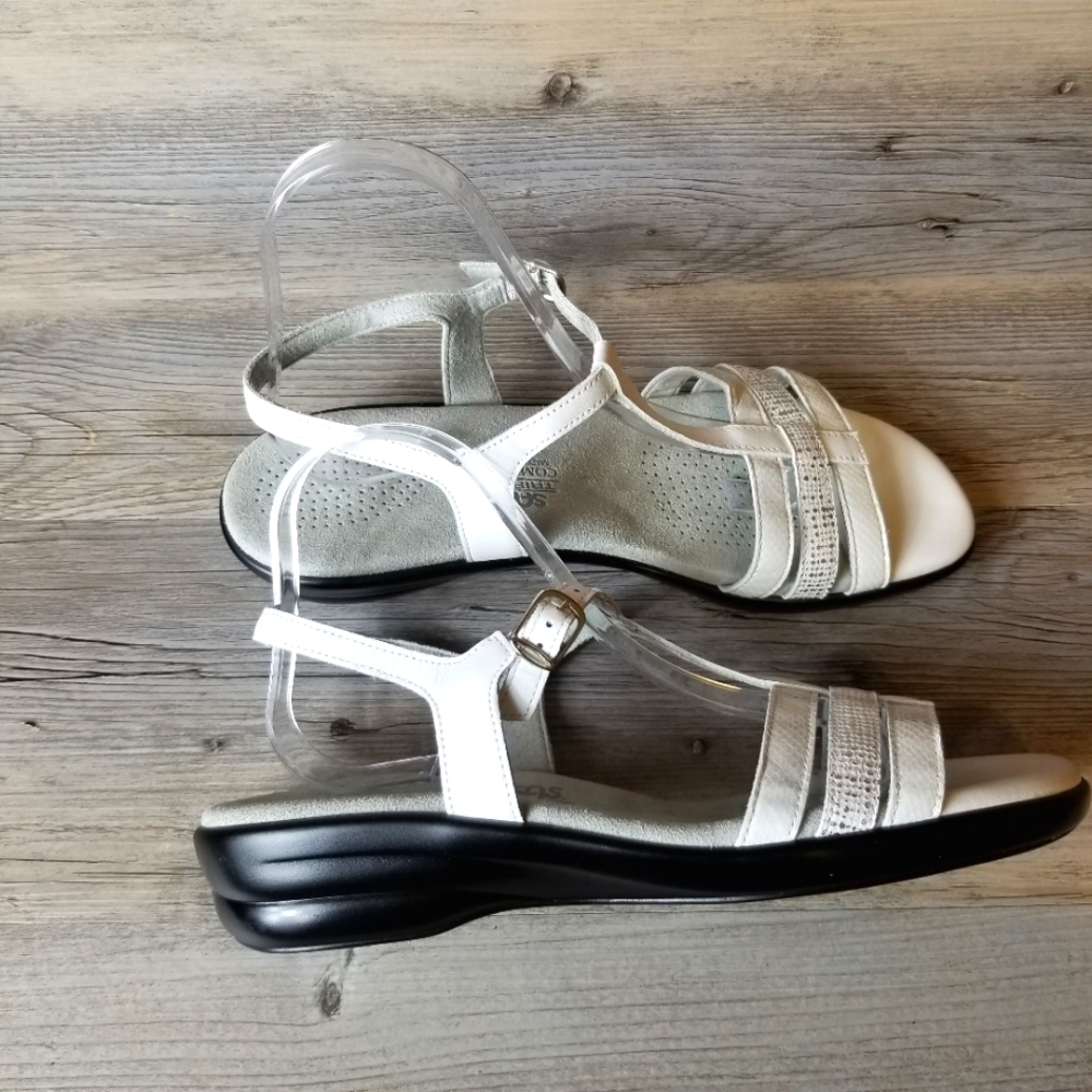 SAS Capri T-Strap Shimmer White and Silver Sandals